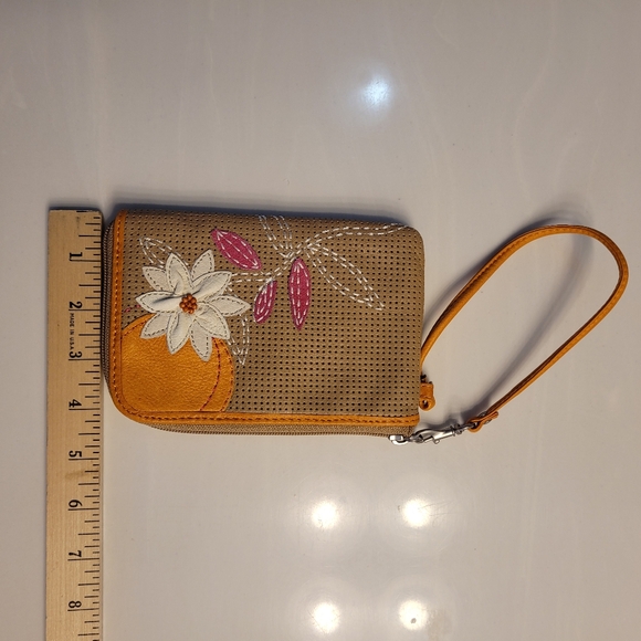 FOSSIL CLUTCH "Flower & Sunshine" Light Brown Leather w/ Pink, Orange, & Cream - Picture 11 of 12